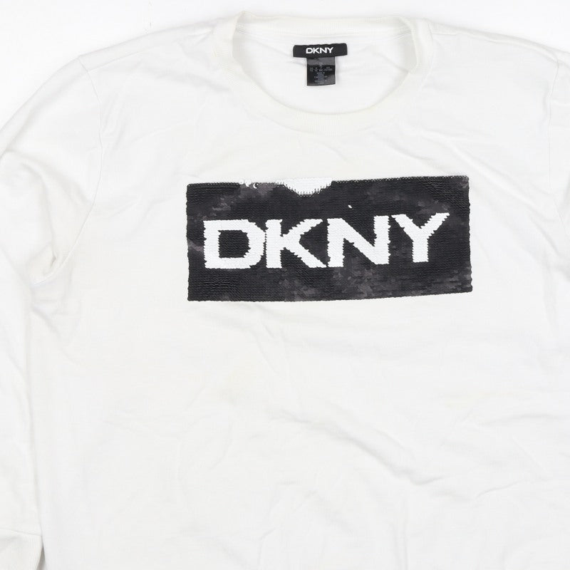 DKNY Women White XL Pullover Sweatshirt Sequin Logo Crew Neck