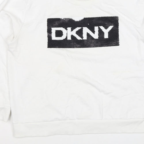 DKNY Women White XL Pullover Sweatshirt Sequin Logo Crew Neck