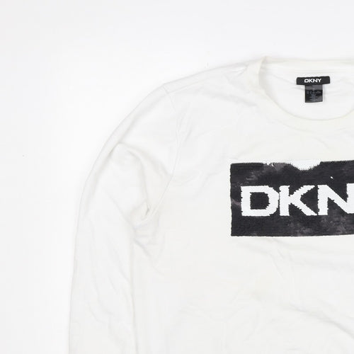 DKNY Women White XL Pullover Sweatshirt Sequin Logo Crew Neck
