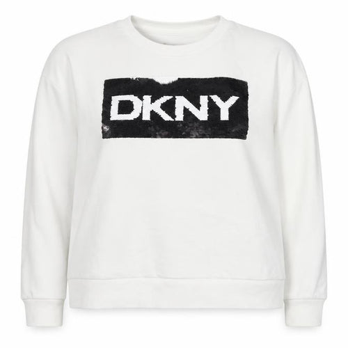 DKNY Women White XL Pullover Sweatshirt Sequin Logo Crew Neck