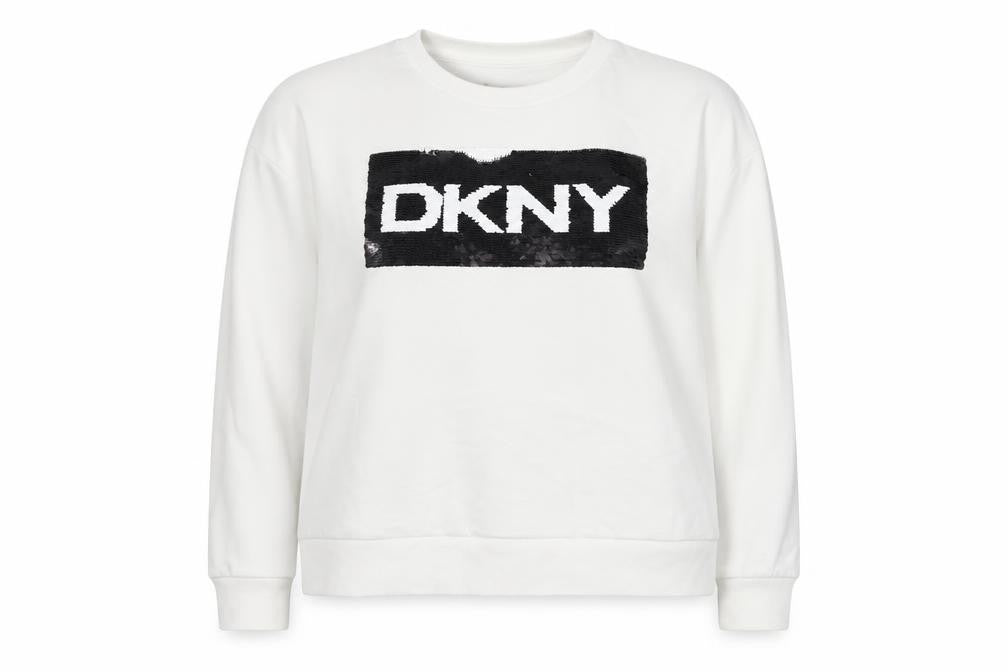 DKNY Women White XL Pullover Sweatshirt Sequin Logo Crew Neck