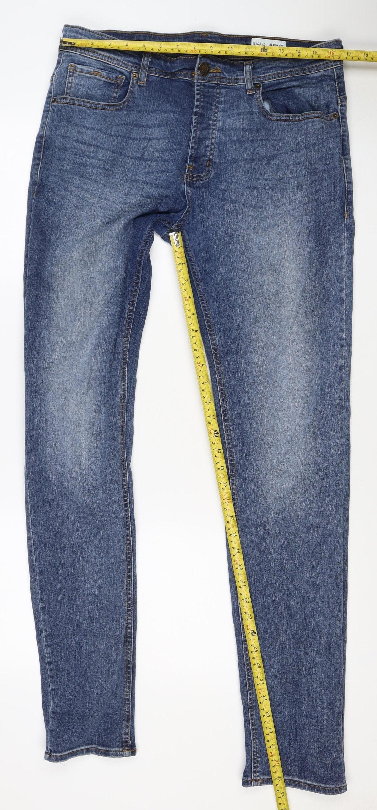 Brand and care label for Denim Co. Men’s Blue W34 L34 Slim Straight Stretch Jeans