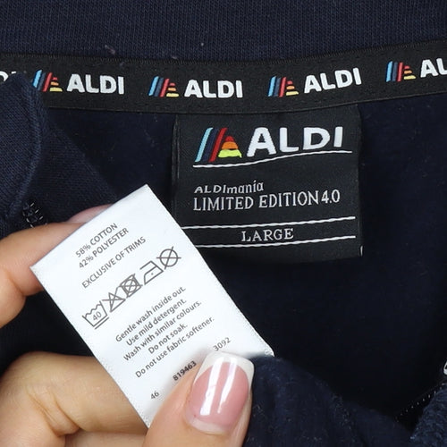 Aldi Mania Men’s Navy Large 1/4 Zip Logo Sweatshirt Limited Edition