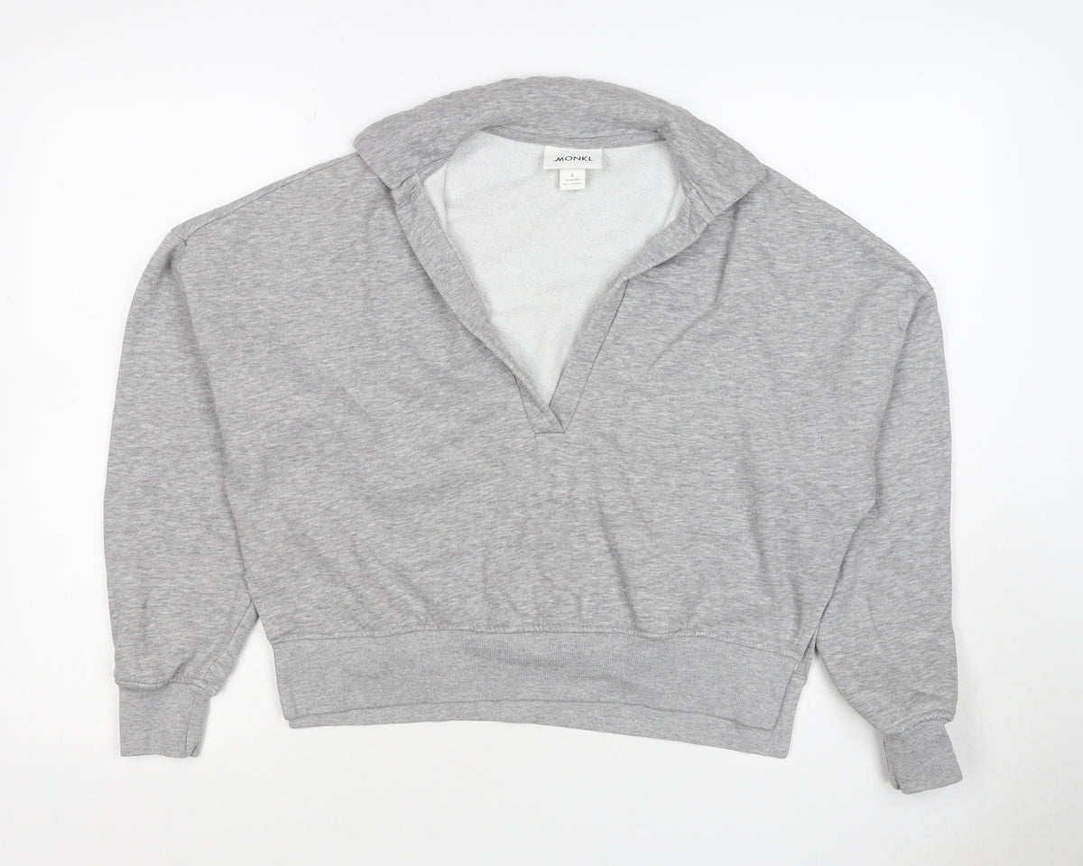 Monki Women Grey S Hooded V-Neck Pullover Sweatshirt Fleece