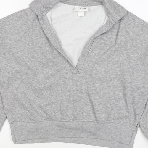 Monki Women Grey S Hooded V-Neck Pullover Sweatshirt Fleece
