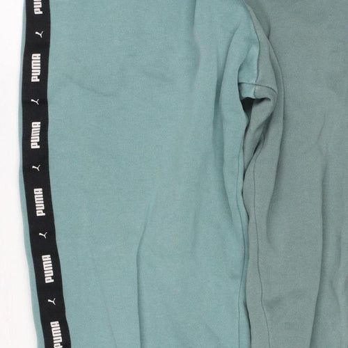 Puma Boys Green Track Pants 13-14 Years Cotton Blend Logo Tape Joggers