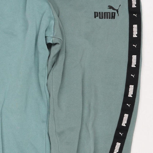 Puma Boys Green Track Pants 13-14 Years Cotton Blend Logo Tape Joggers
