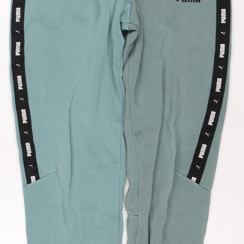 Puma Boys Green Track Pants 13-14 Years Cotton Blend Logo Tape Joggers
