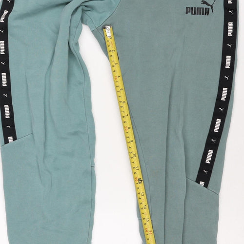 Puma Boys Green Track Pants 13-14 Years Cotton Blend Logo Tape Joggers