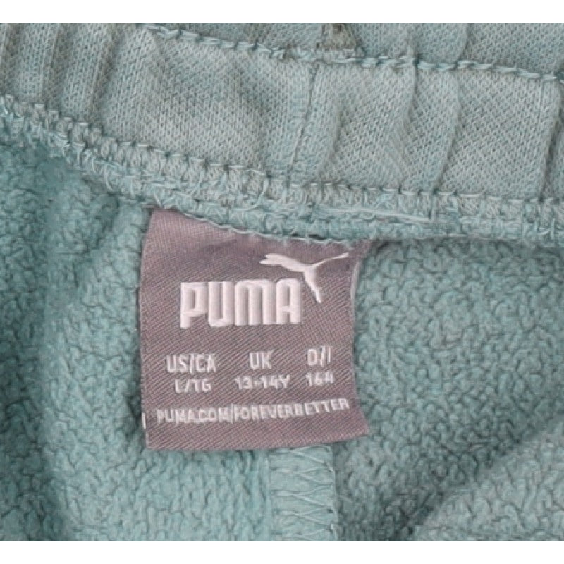 Puma Boys Green Track Pants 13-14 Years Cotton Blend Logo Tape Joggers