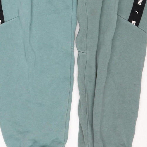 Puma Boys Green Track Pants 13-14 Years Cotton Blend Logo Tape Joggers