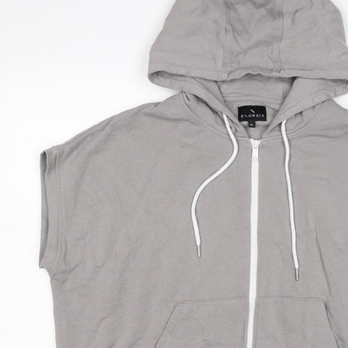Enorsia Men Grey XL Sleeveless Full Zip Hooded Fleece Vest Hoodie
