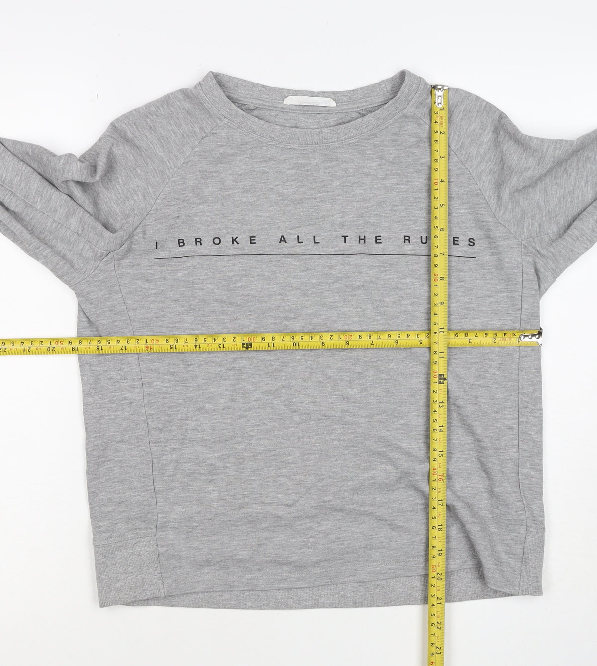 Brand and care label for Mango Teens Grey XS Pullover Sweatshirt Graphic Quote Raglan