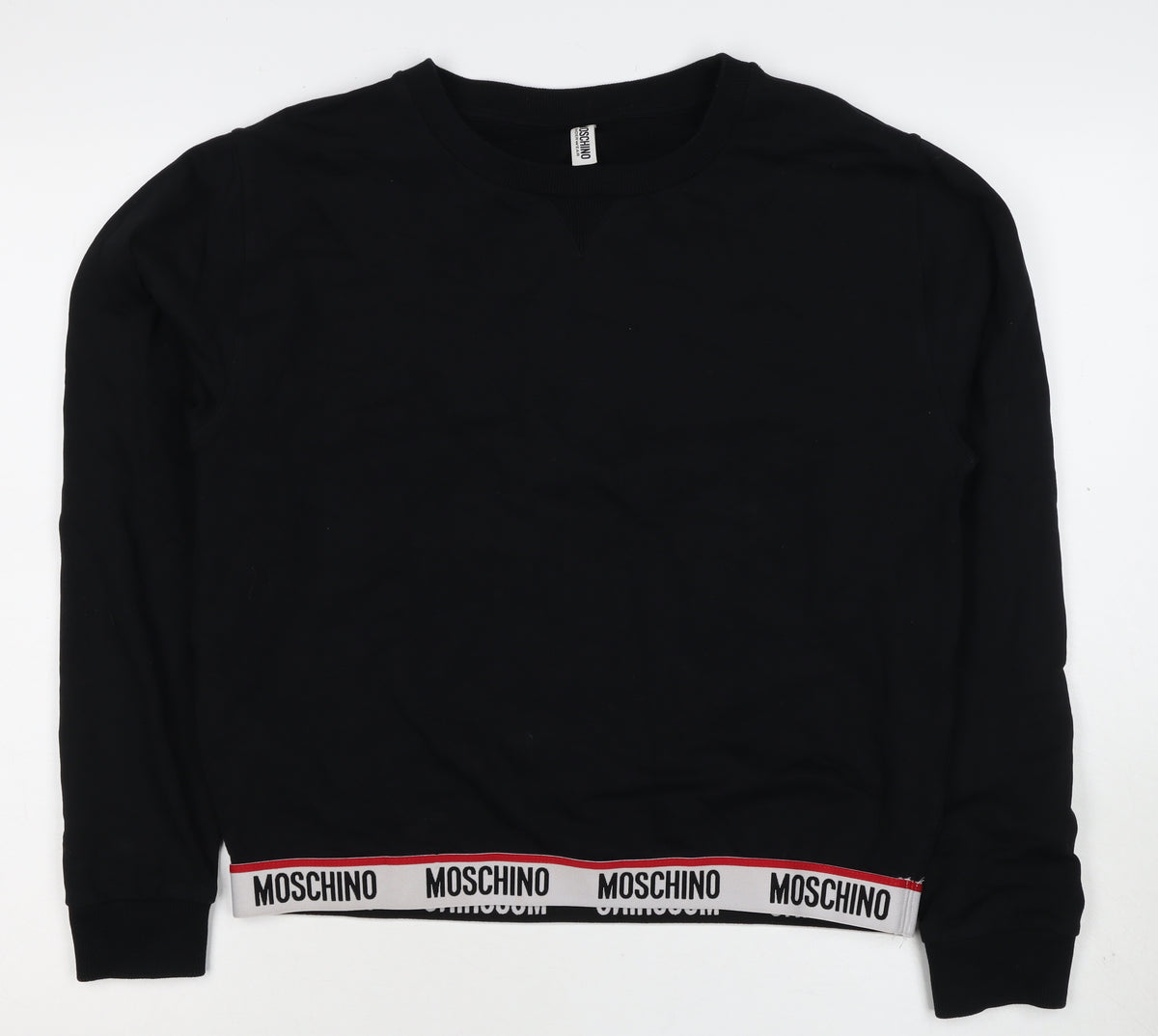 Back view of Moschino Women Black M Pullover Sweatshirt Logo Trim Crew Neck
