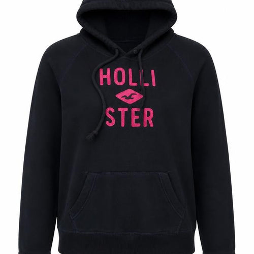 Hollister Women Black Pink Logo Pullover Hoodie M Hooded Fleece