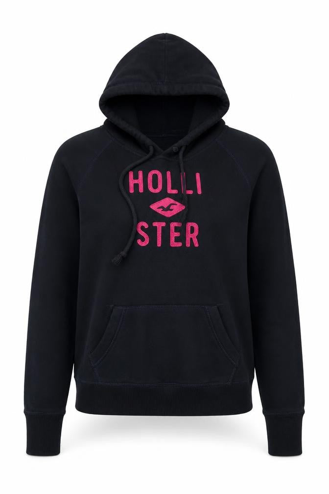 Hollister Women Black Pink Logo Pullover Hoodie M Hooded Fleece