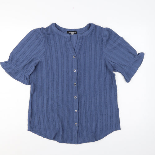 Cable & Gauge Women's Blue S Textured Knit Puff Sleeve Button-Up Top