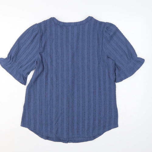 Cable & Gauge Women's Blue S Textured Knit Puff Sleeve Button-Up Top