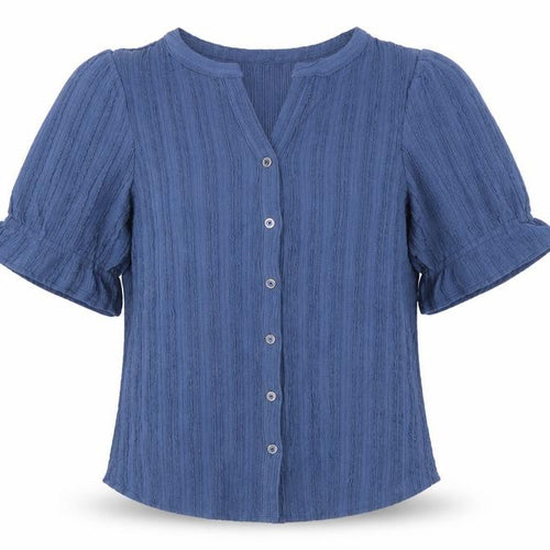 Cable & Gauge Women's Blue S Textured Knit Puff Sleeve Button-Up Top