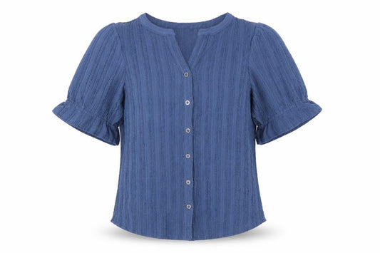 Front view of Cable & Gauge Women's Blue S Textured Knit Puff Sleeve Button-Up Top