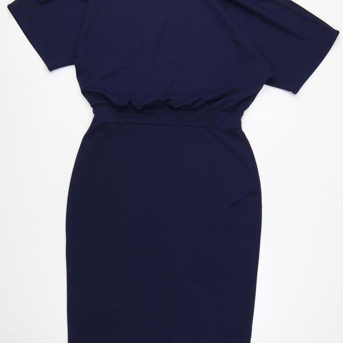 Lipsy London Women Navy UK 16 Blouson Pencil Knee Dress Side Slit