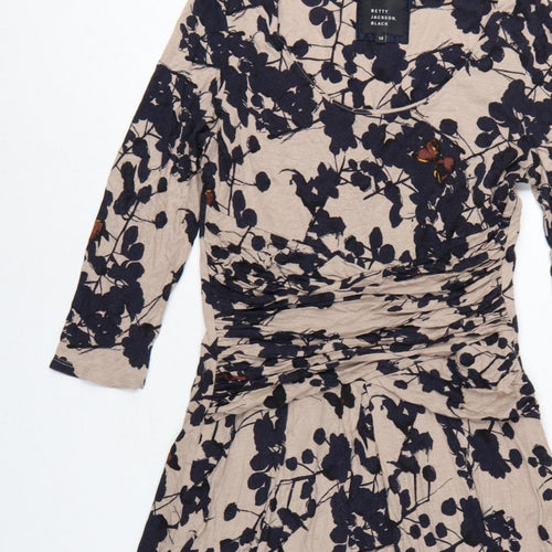 Betty Jackson Black Women Beige Floral Fit & Flare Dress UK 14 V-Neck