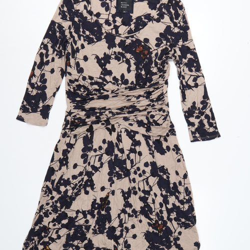 Betty Jackson Black Women Beige Floral Fit & Flare Dress UK 14 V-Neck