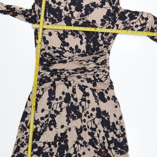 Betty Jackson Black Women Beige Floral Fit & Flare Dress UK 14 V-Neck