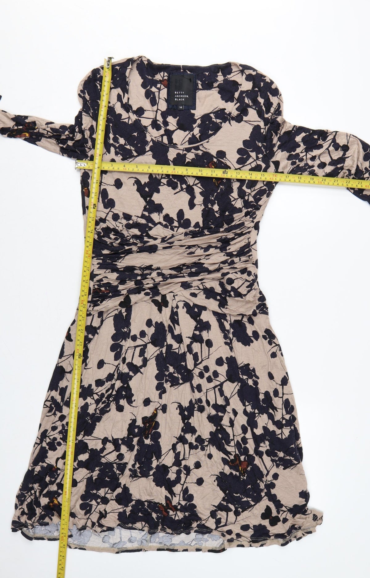 Betty Jackson Black Women Beige Floral Fit & Flare Dress UK 14 V-Neck