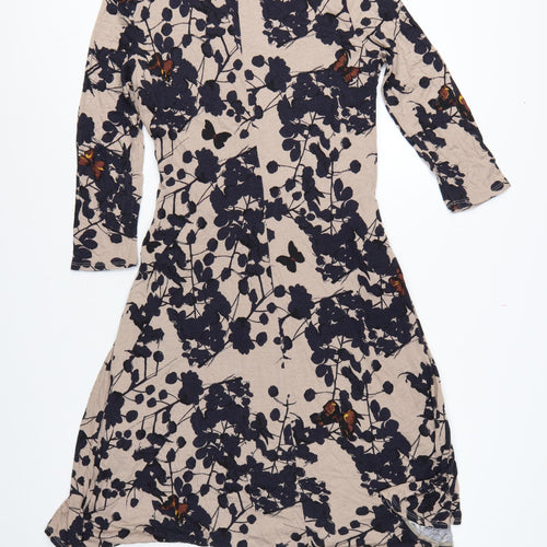 Betty Jackson Black Women Beige Floral Fit & Flare Dress UK 14 V-Neck