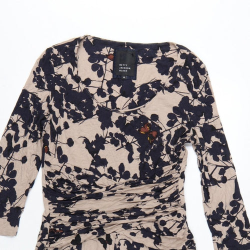Betty Jackson Black Women Beige Floral Fit & Flare Dress UK 14 V-Neck