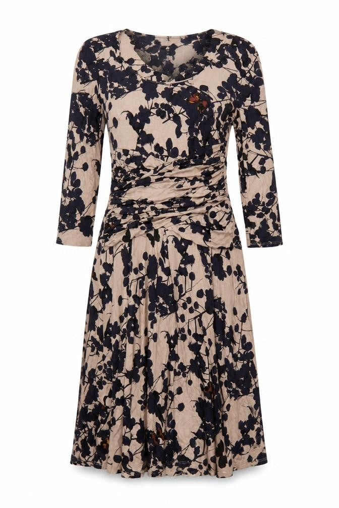 Betty Jackson Black Women Beige Floral Fit & Flare Dress UK 14 V-Neck