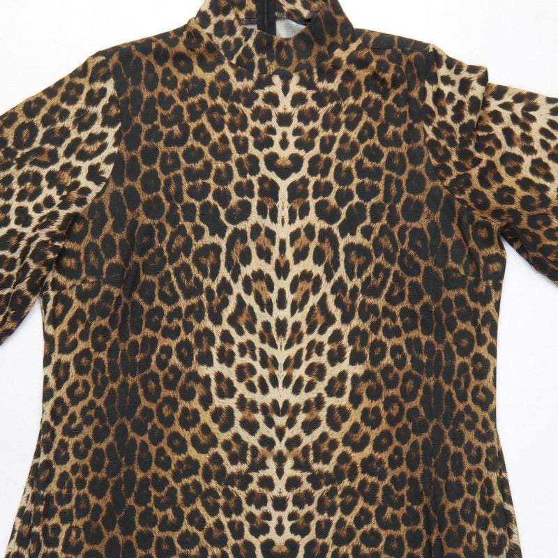 Next Women Brown Leopard Print UK 18 A-Line Midi High Neck Dress