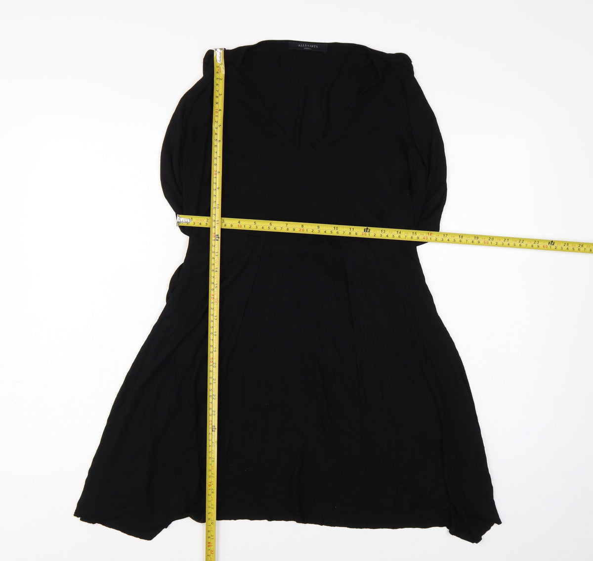 AllSaints Women Black Size S V-Neck Belted Wrap Knee Dress