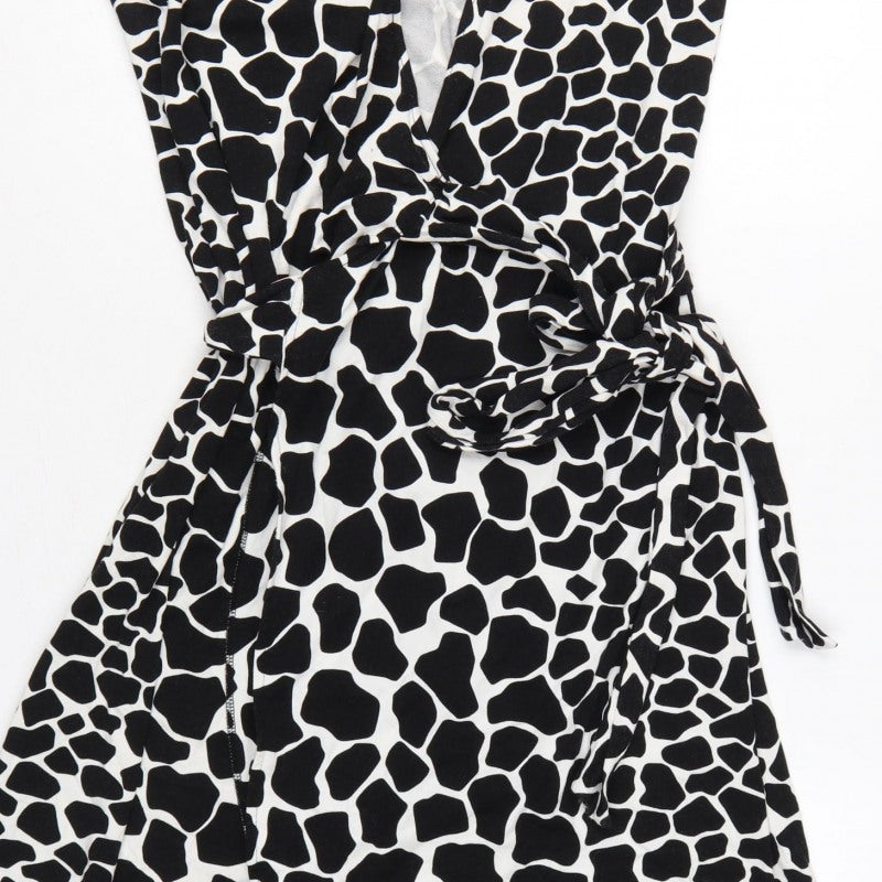 Hobbs Women’s Black White Animal Print Wrap Dress UK 10 Knee Length