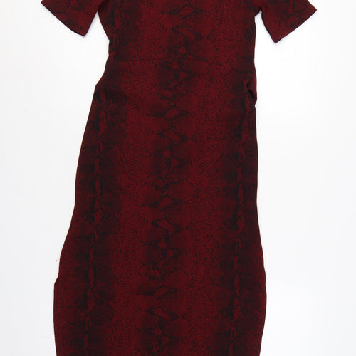 Boohoo Women Red Snake Print Bodycon Knee Dress UK 12 Belted