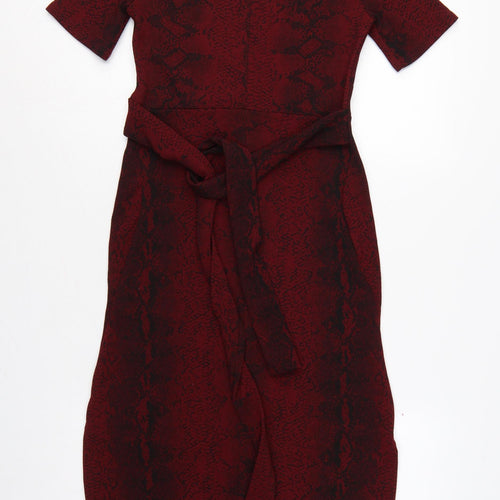 Boohoo Women Red Snake Print Bodycon Knee Dress UK 12 Belted