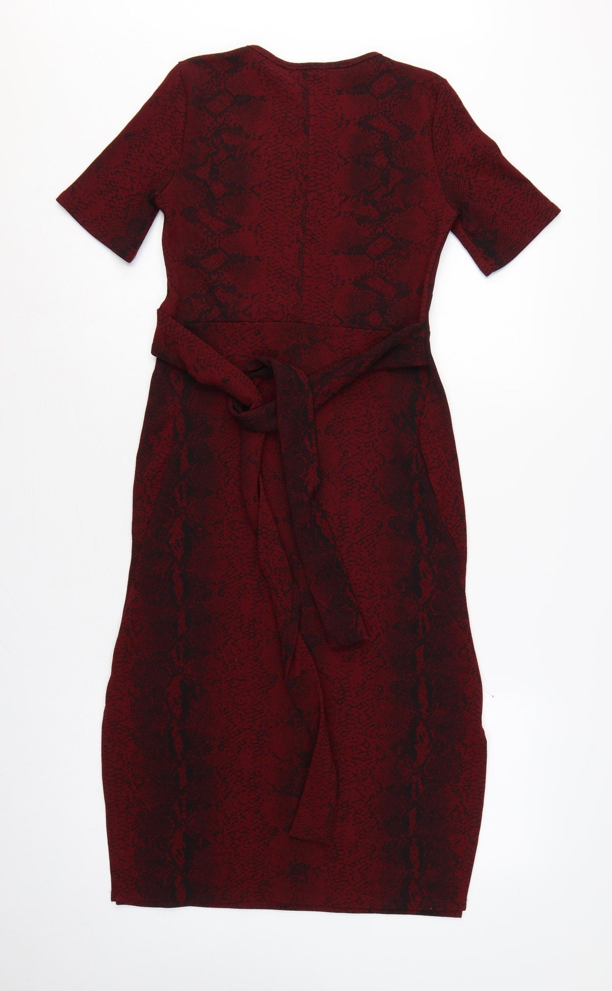 Boohoo Women Red Snake Print Bodycon Knee Dress UK 12 Belted