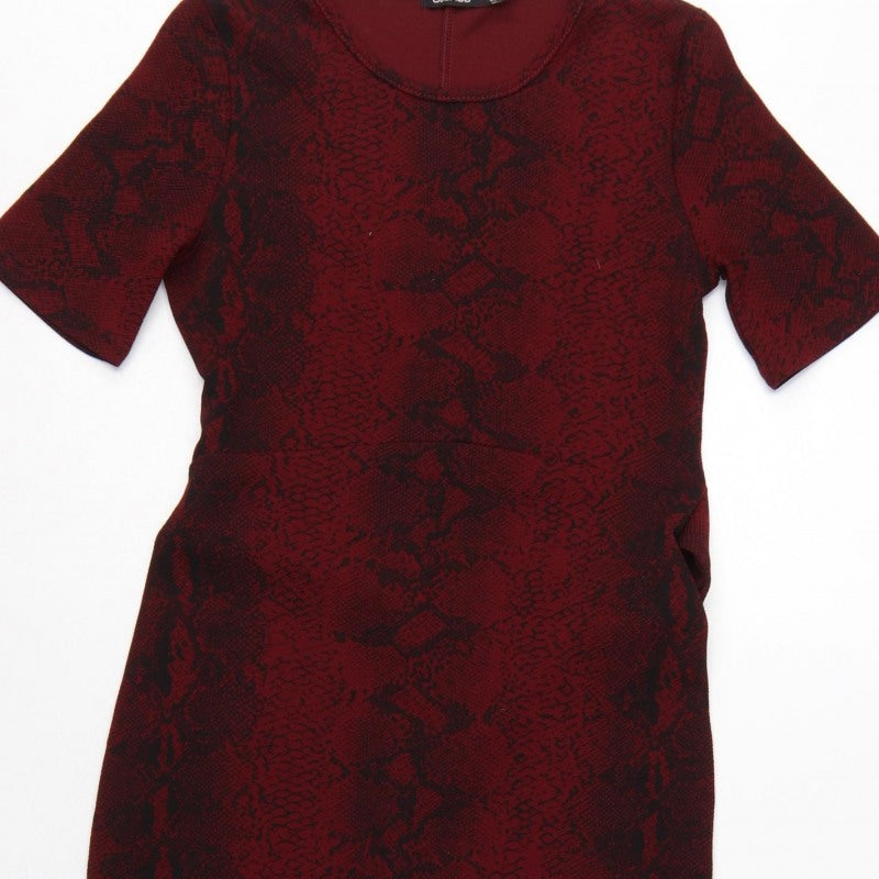 Boohoo Women Red Snake Print Bodycon Knee Dress UK 12 Belted