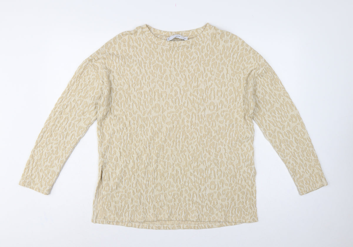 Back view of MNG Women Beige S Leopard Textured Long Sleeve Basic T-shirt