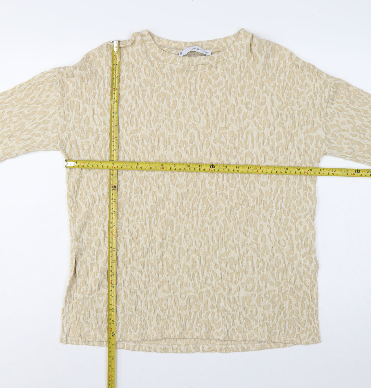 Close-up detail of MNG Women Beige S Leopard Textured Long Sleeve Basic T-shirt