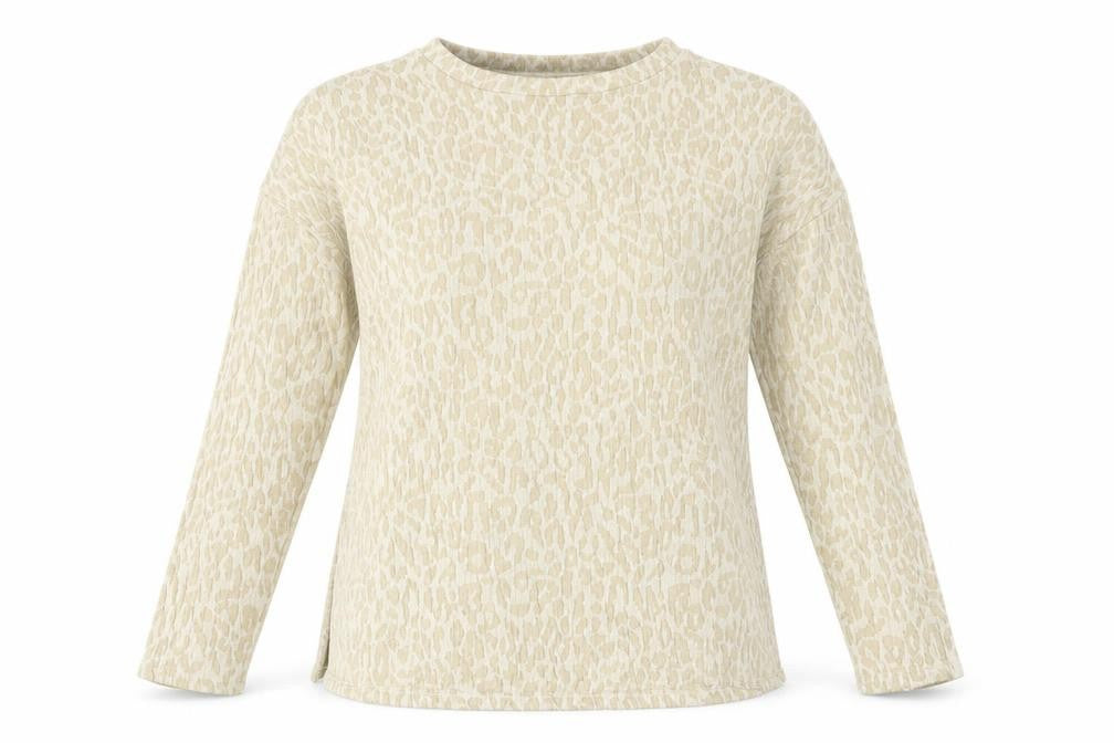 Front view of MNG Women Beige S Leopard Textured Long Sleeve Basic T-shirt