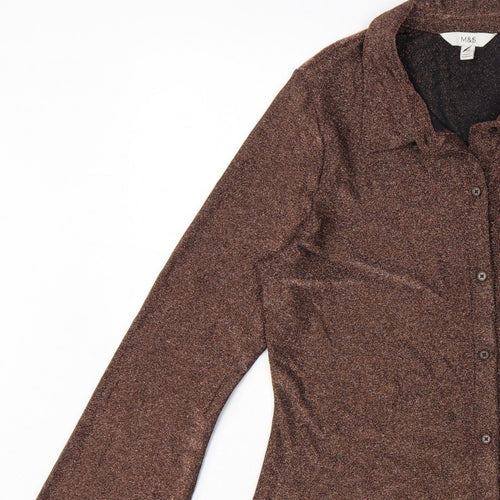 Marks and Spencer Women Brown Glitter Knit Button-Up Blouse UK 16