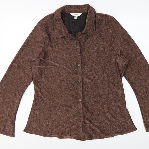 Marks and Spencer Women Brown Glitter Knit Button-Up Blouse UK 16