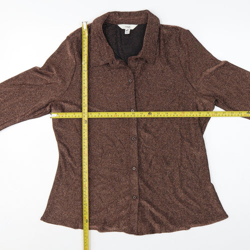 Marks and Spencer Women Brown Glitter Knit Button-Up Blouse UK 16