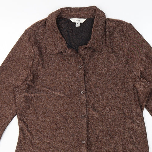 Marks and Spencer Women Brown Glitter Knit Button-Up Blouse UK 16