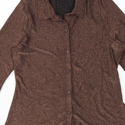 Marks and Spencer Women Brown Glitter Knit Button-Up Blouse UK 16