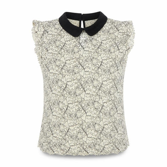 Zara Women Ivory Black Floral Lace Collared Sleeveless Blouse UK 12