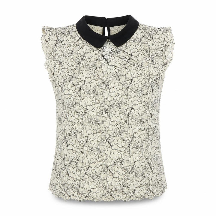 Front view of Zara Women Ivory Black Floral Lace Collared Sleeveless Blouse UK 12