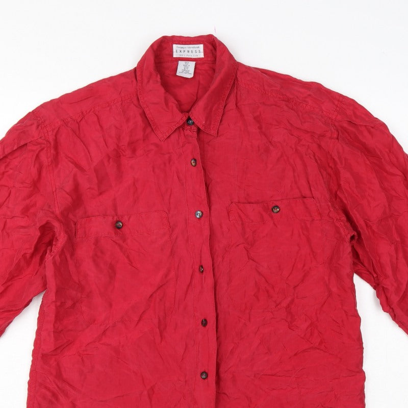 Express Women Red S Pure Silk Button-Up Long Sleeve Shirt